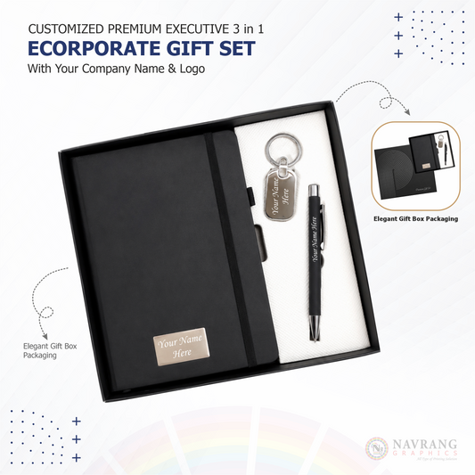 Customized Premium Executive 3 in 1 Corporate Gift Set with Company Logo | Diary, Pen and Keychain