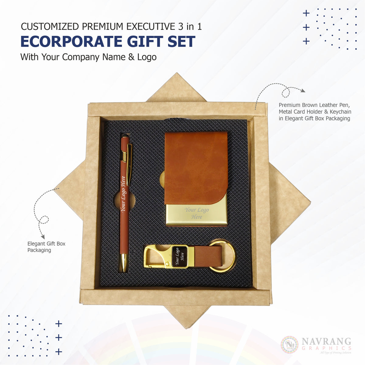 Customized Premium Executive 3 in 1 Corporate Gift Set with Company Logo | Card Holder, Pen and Keychain | NavrangGraphics.in