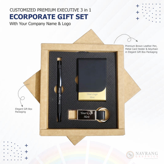 Customized Premium Executive 3 in 1 Corporate Gift Set with Company Logo | Card Holder, Pen and Keychain | NavrangGraphics.in