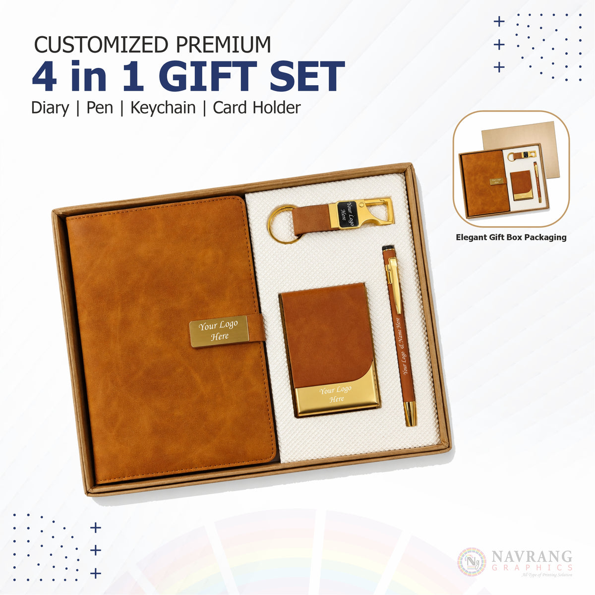Customized Premium 4 in 1 Gift Set | Diary, Pen, Keychain & Card Holder with Company Logo | Peach Customized Polo T-Shirt With Your Company Logo | Order Logo Printed Tees | Navranggraphics.in