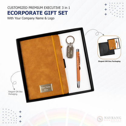 Customized Premium Executive 3 in 1 Corporate Gift Set with Company Logo | Diary, Pen and Keychain