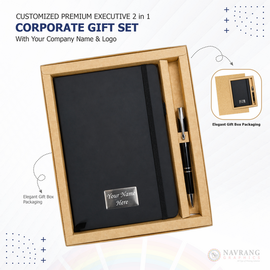 Customized Premium Executive 2 in 1 Corporate Gift Set with Company Logo – Black | Peach | Diary and Pen | NavrangGraphics.in