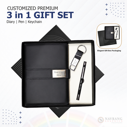 Customized Premium Executive 3 in 1 Corporate Gift Set with Company Logo – Black | Diary, Pen and Keychain | NavrangGraphics.in