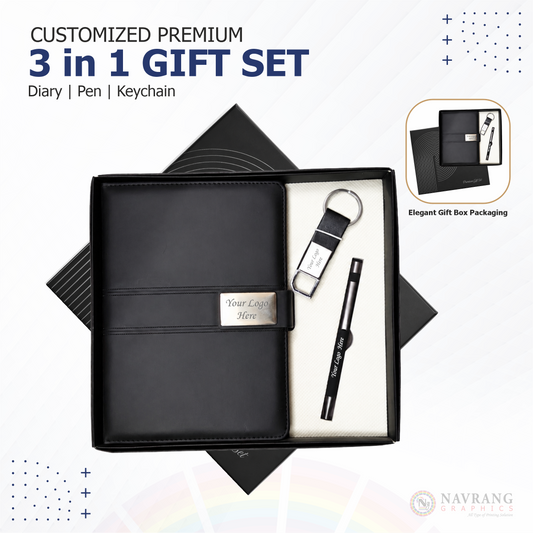 Customized Premium Executive 3 in 1 Corporate Gift Set with Company Logo – Black | Diary, Pen and Keychain | NavrangGraphics.in