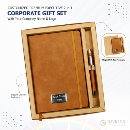 Customized Premium Executive 2 in 1 Corporate Gift Set with Company Logo – Black | Peach | Diary and Pen | NavrangGraphics.in