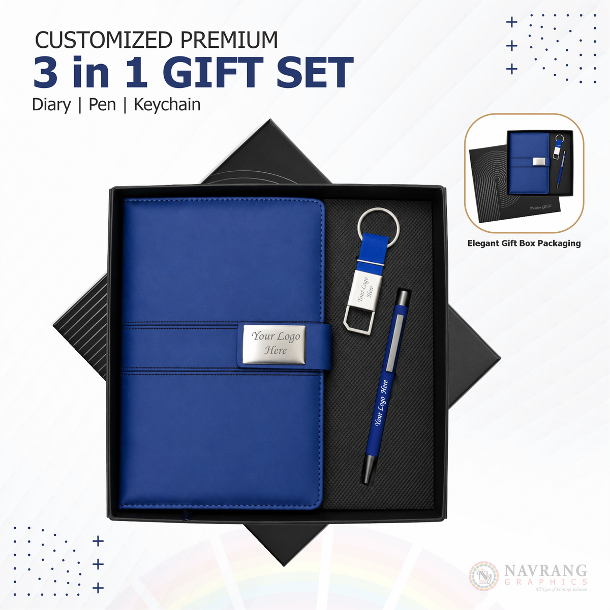 Customized Premium Executive 3 in 1 Corporate Gift Set with Company Logo – Black | Diary, Pen and Keychain | NavrangGraphics.in
