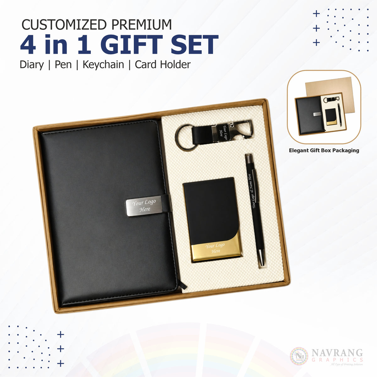 Customized Premium 4 in 1 Gift Set | Diary, Pen, Keychain & Card Holder with Company Logo | Peach Customized Polo T-Shirt With Your Company Logo | Order Logo Printed Tees | Navranggraphics.in