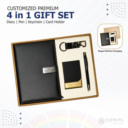 Customized Premium 4 in 1 Gift Set | Diary, Pen, Keychain & Card Holder with Company Logo | Peach Customized Polo T-Shirt With Your Company Logo | Order Logo Printed Tees | Navranggraphics.in